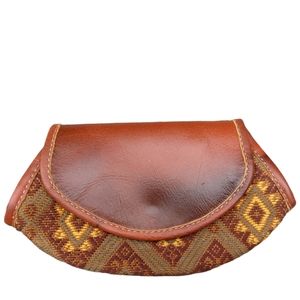 Brown Leather Clutch Bag, Embroidered Native Textiles, Unique Style